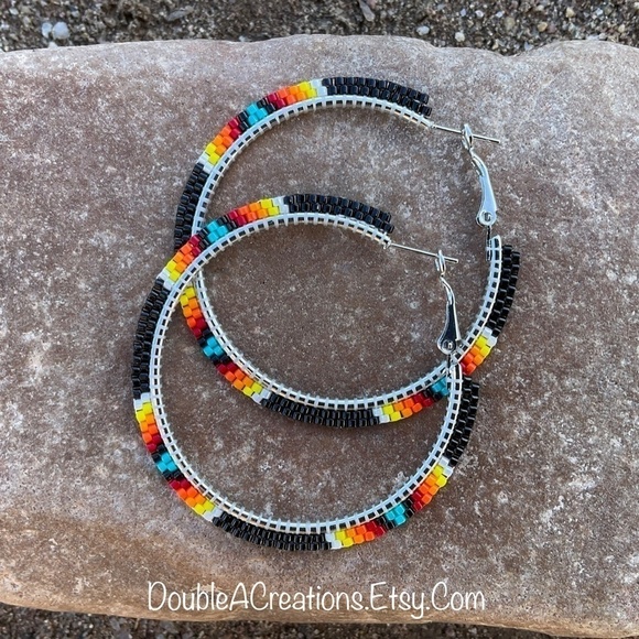 Black with Native Colors 2” Beaded Hoops, New, Handmade by Me - Picture 5 of 7
